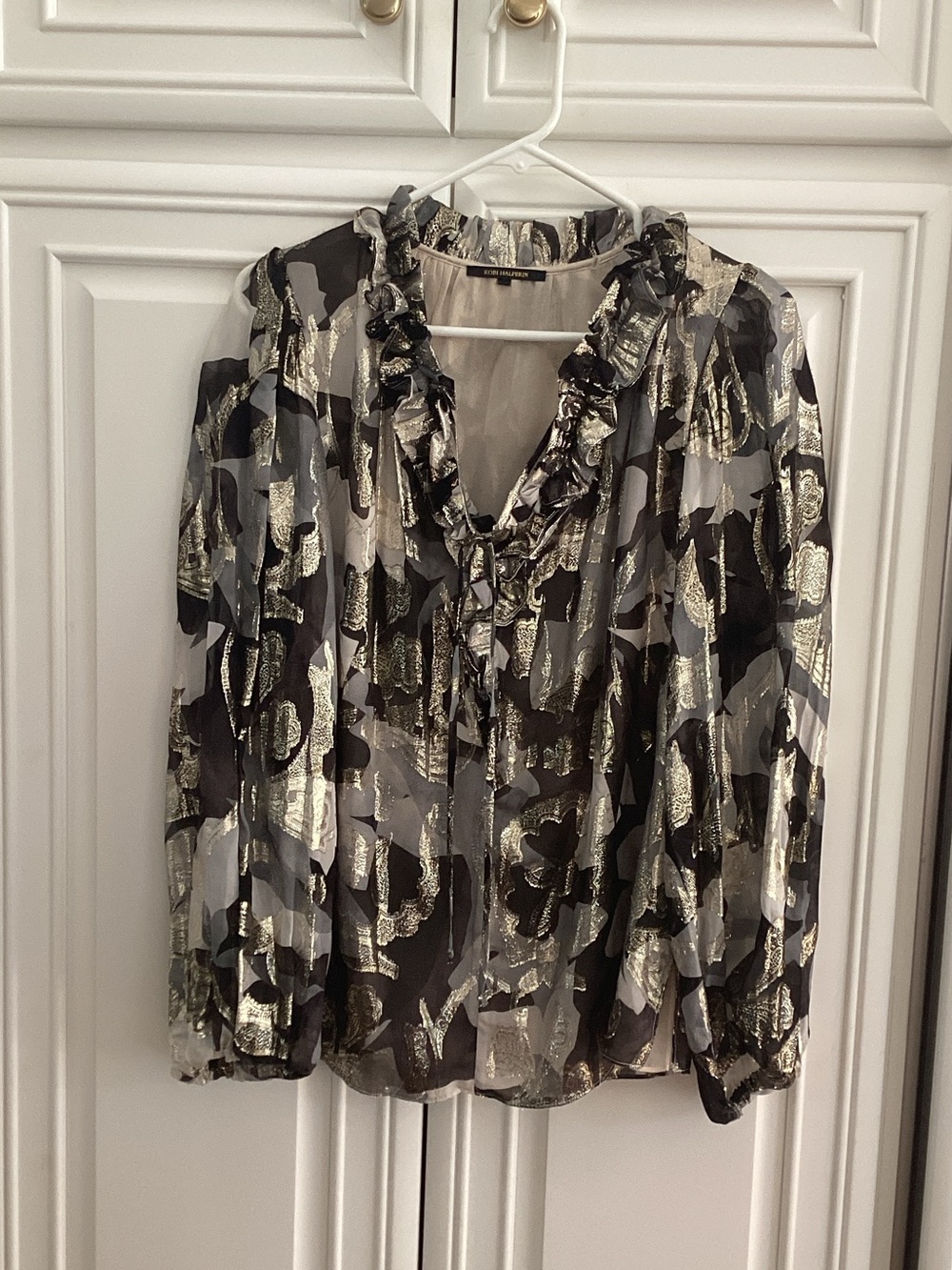 Kobi Halperin Metallic Floral Ruffle V-Neck Blouse - Black & Gold